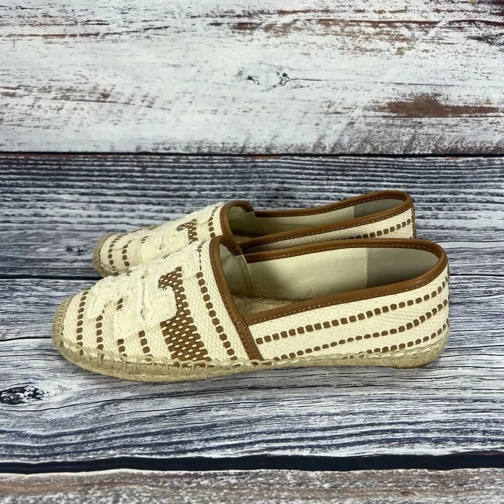 NEW Tory Burch Shaw Espadrille White Tan Logo Canvas Flats Women’s Size 10